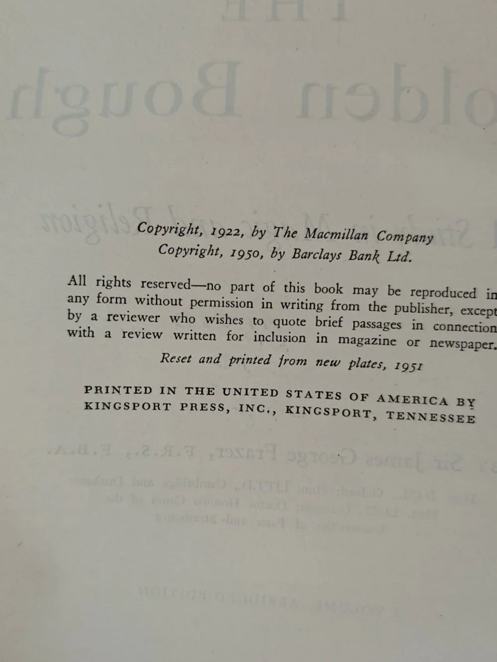 The Golden Bough Sir James G. Frazer Hardcover 1951 Study of Magic and Religion